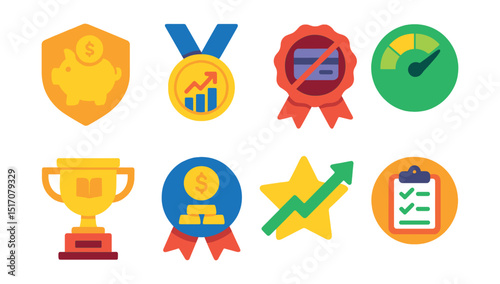 Flat vector icons of financial achievements: saving emergency fund badge, reaching investment milestone medal, finishing debt repayment ribbon, building strong credit score badge, completing
