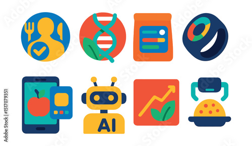 Flat vector icons of nutrition trends and innovation: personalized nutrition icon, DNA-based diet badge, smart food label, food tracker ring, AI-powered food app, clean eating trend graph,