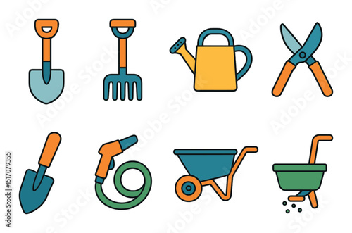 Gardening tools flat icon set. yard equipment and landscaping symbols