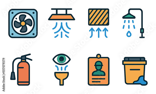 Safety and maintenance flat icon set. protection and equipment symbols