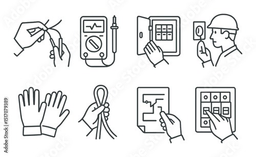 Electrical safety linear icon set. wiring, circuit, and equipment protection symbols