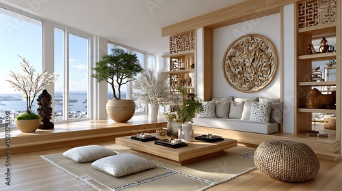 Japandi style lounge with botanical details and neutral tones creating modern calm high resolution image