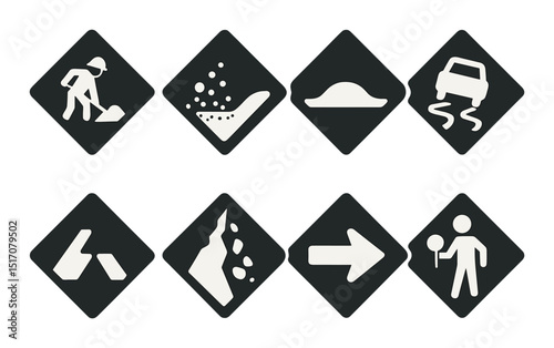 Road safety silhouette icon set. traffic, warning, and hazard symbols