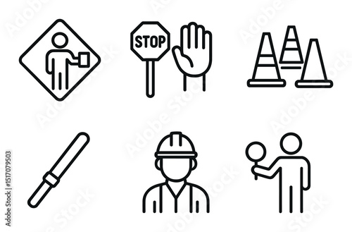 Road safety icon set, linear style. traffic signs and construction symbols