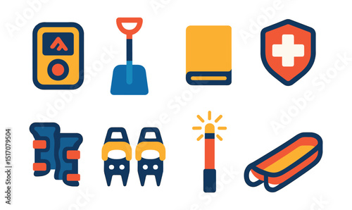 Flat vector icons of winter safety gear: avalanche beacon, snow shovel, emergency blanket, ski patrol badge, wrist guards, ice spikes, flare stick, rescue sled.