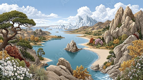 Lush forested cliffs flanking a calm reflective river valley high resolution image