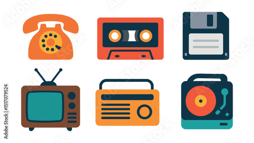 Flat vector icons of retro technology: rotary phone, cassette tape, VHS tape, floppy disk, vintage TV, old radio, record player, pager.
