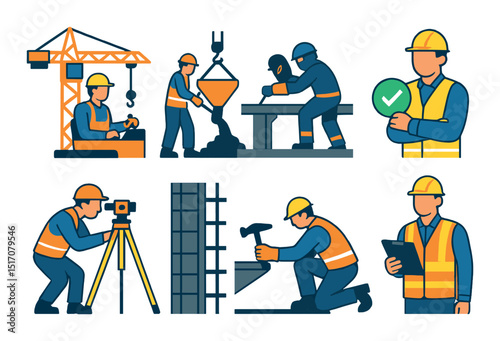 Construction workers flat icon set. builders and industry symbols for projects