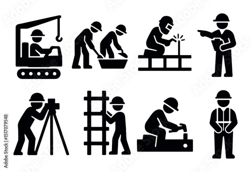 Construction worker silhouette icon set. builder and contractor job symbols