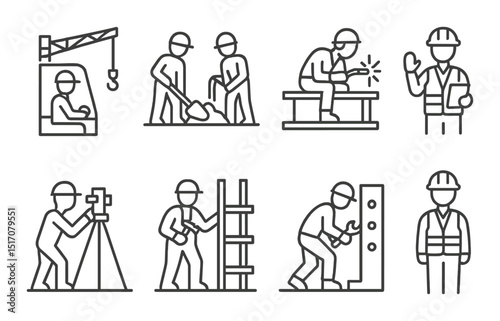 Construction worker icon set in linear style. builder and engineering symbols