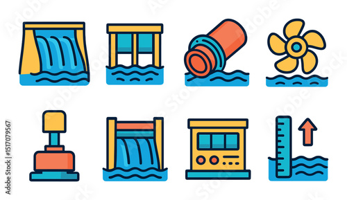 Hydropower energy flat icon set. renewable and eco-friendly symbols