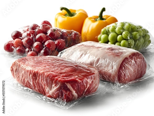 Fresh red meat and colorful fruits and vegetables are vacuum sealed in clear plastic wrap for preservation and freshness.