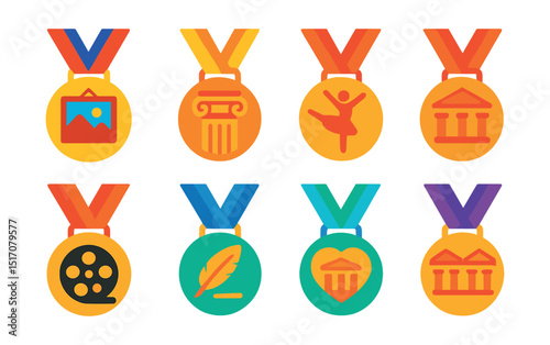 Flat vector icons of arts and cultural medals: top art gallery exhibit badge, best cultural project medal, music festival performance badge, dance competition medal, film festival award medal,