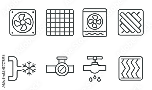 Hvac linear style icon set. heating, cooling, and ventilation symbols