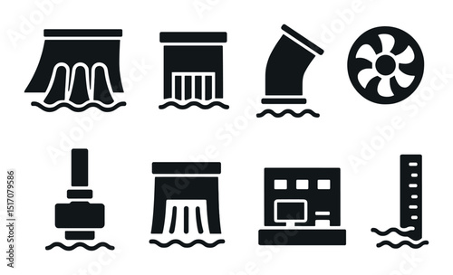 Industrial water management silhouette icon set. waste treatment and purification symbols