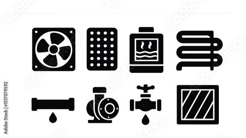 Heating and ventilation silhouette icon set. hvac and plumbing symbols