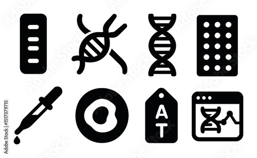 Dna science silhouette icon set. genetics and molecular biology symbols