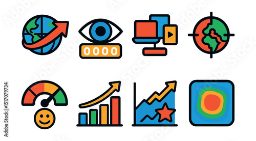 Flat vector icons of advertising reach and impact: global reach icon, impression counter, multi-channel footprint, regional targeting symbol, user sentiment gauge, impact bar chart, brand lift graph,
