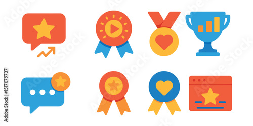 Flat vector icons of social media presence ratings: influencer engagement top star, viral content creator badge, brand awareness leader medal, digital strategy excellence award, social media