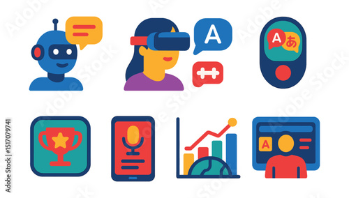 Flat vector icons of language learning trends and innovation: AI language coach, VR language immersion, gamified app icon, real-time translation device, speech-to-text app, global learning trends