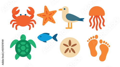 Flat vector icons of beach wildlife: crab, starfish, seagull, jellyfish, sea turtle, small fish, sand dollar, beach footprints.