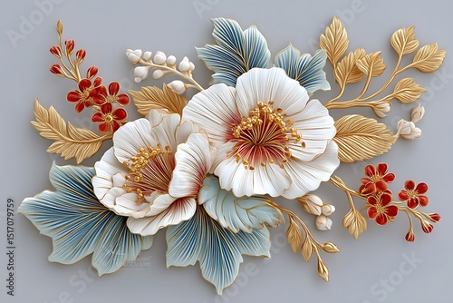 Ornate embossed flower art with golden leaves sculpted petals and baroque botanical detailing high resolution image