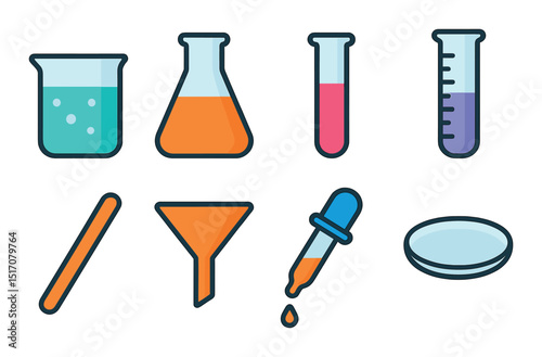 Science and chemistry icon set in flat style. laboratory equipment and experiment symbols