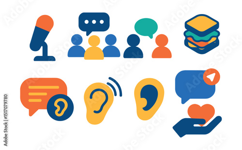 Flat vector icons of communication styles in teams: open mic icon, structured discussion, one-on-one icon, feedback sandwich icon, tone of voice bubble, listening ear icon, direct message badge,