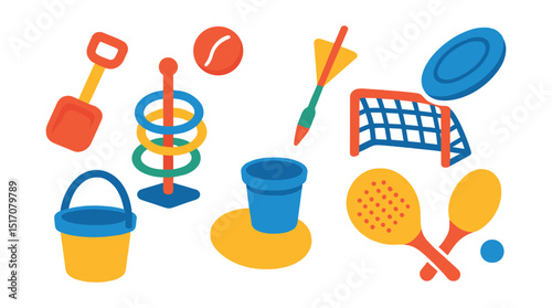 Flat vector icons of beach games: sand shovel, bucket, ring toss, ball toss, beach darts, mini goal net, racquet game, frisbee throw.