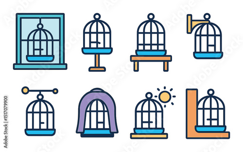 Birdcage flat icon set. pet and aviary symbols for design and decor