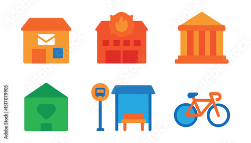 Flat vector icons of city services: post office, fire station, police station, library, community center, recycling bin, public bus stop, city bike share.