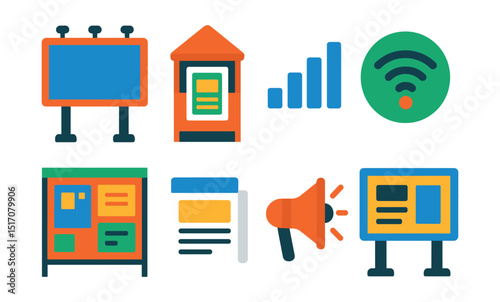Flat vector icons of city communication: street billboard, newspaper stand, mobile signal icon, public Wi-Fi, poster wall, city newsletter, announcement speaker, urban screen.