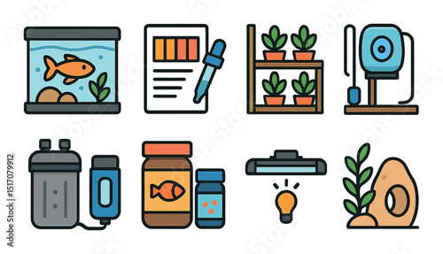Aquarium and fishkeeping icon set. flat style aquatic pets and hobby symbols
