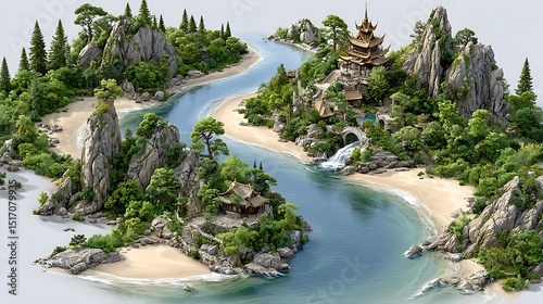 Scenic nature panorama with coastal waters rocky peaks and lush forest terrain in summer light high resolution image