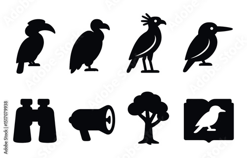 Birdwatching silhouette icon set. avian observation and nature symbols
