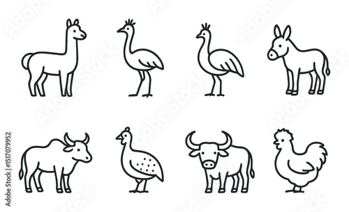 Farm animals linear icon set. livestock and domestic animal symbols
