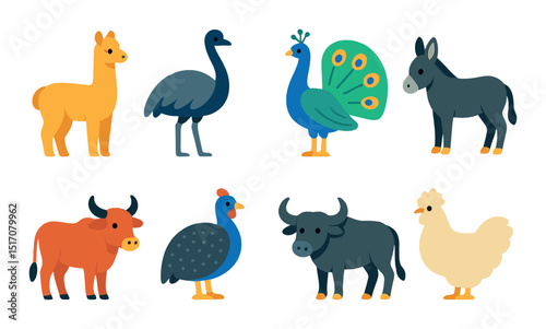 Farm animals flat icon set. domestic creatures and livestock silhouette style designs