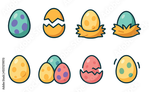 Easter eggs icon set: flat festive symbols for celebration and decoration