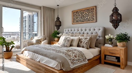 Serene global bedroom interior with nature-inspired decor earth-tone palette and lush greenery high resolution image