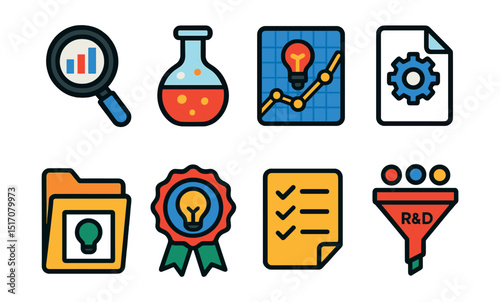 Flat vector icons of innovation research and analysis: magnifying glass over data, experiment flask, innovation metric chart, whitepaper icon, case study folder, insight discovery badge, research