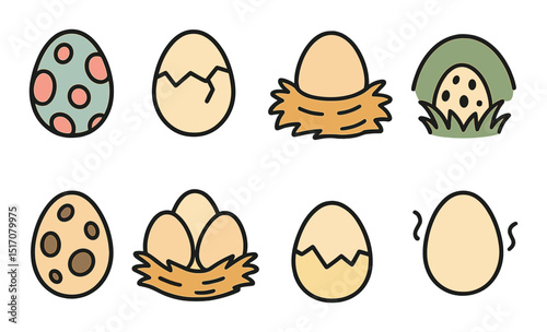 Easter egg flat icon set. spring holiday symbols and decorative design elements