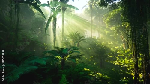 Lush tropical jungle with green evergreen plants foliage and sunlight filtering through the trees.
Summer,
travel,relax concept,4K