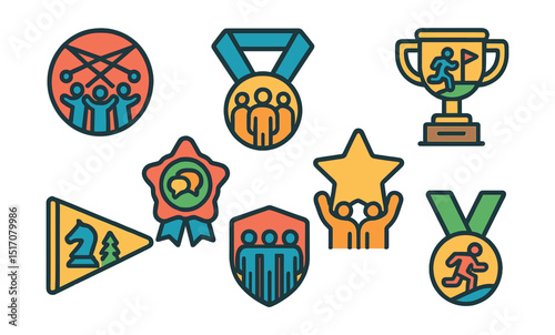 Flat vector icons of team-building competitions: group challenge day badge, corporate retreat team competition medal, outdoor adventure race trophy, collaborative leadership game star, strategy