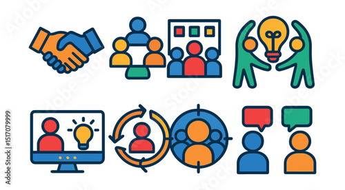 Flat vector icons of collaboration and innovation teams: teamwork handshake, cross-functional group icon, team innovation board, co-creation symbol, remote brainstorming screen, agile collaboration