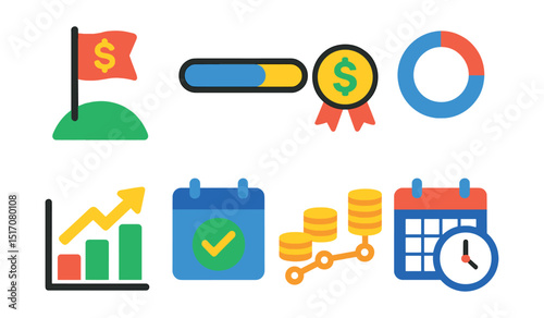 Flat vector icons of personal finance goals and tracking: financial goal flag, progress bar icon, money milestone badge, tracker ring, budget vs savings chart, debt-free goal, savings timeline, plan
