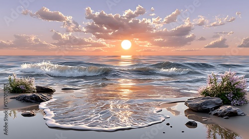 Serene seascape at dusk with flowering rocks pastel sky and rolling waves in golden light high resolution image