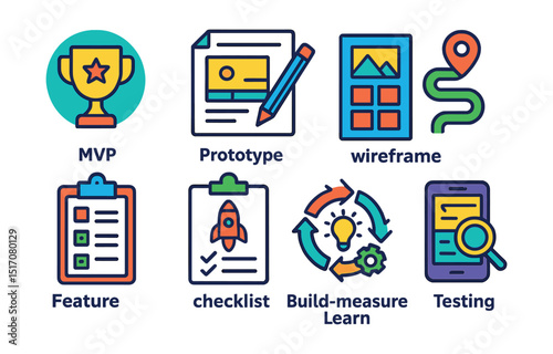 Flat vector icons of product development and MVP: MVP icon, prototype sketch, wireframe grid, product roadmap, feature backlog, launch checklist, build-measure-learn loop, product testing icon.