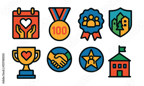 Flat vector icons of community engagement achievements: organizing charity event badge, volunteering 100 hours medal, hosting local meetup ribbon, launching a community project badge, running a
