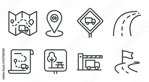 Logistics and transportation linear icon set. delivery and shipping symbols