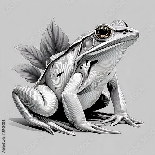 Stylized frog artwork in monochrome and gold with detailed shading and botanical line accents high resolution image